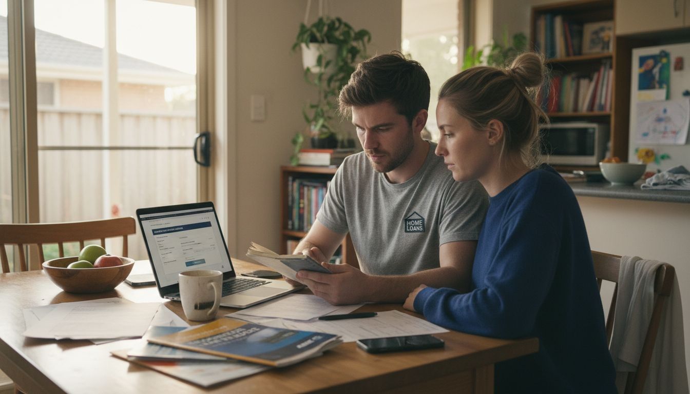 Young couple discussing home loan paperwork in a warm, well-lit Australian kitchen.
