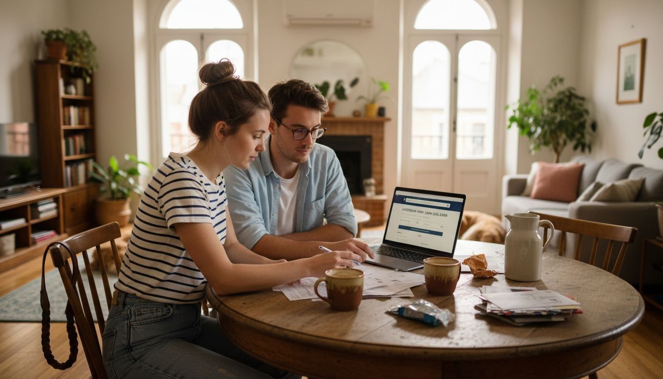 Young couple discussing home buying documents in a cozy, well-lit living room.