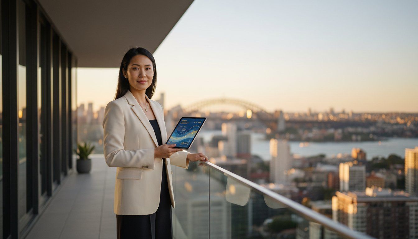 Professional woman on balcony overlooking Sydney skyline with tablet, symbolising success and urban investment.