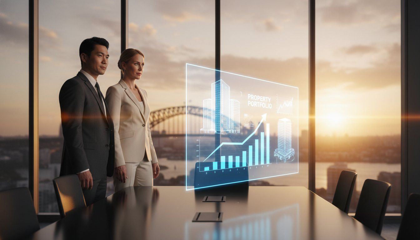 Modern business meeting with holographic property investment data at sunset.