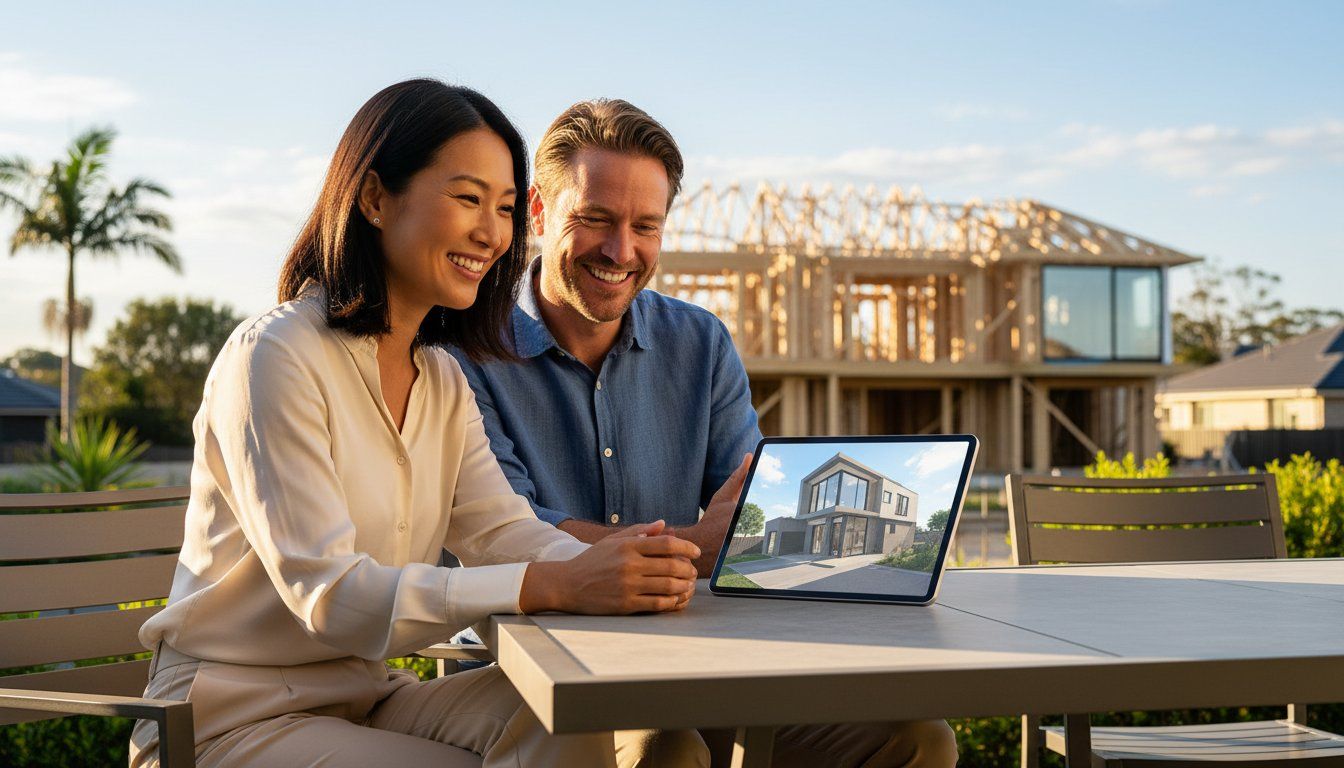 Happy Australian couple planning their dream home with tablet and house construction background.