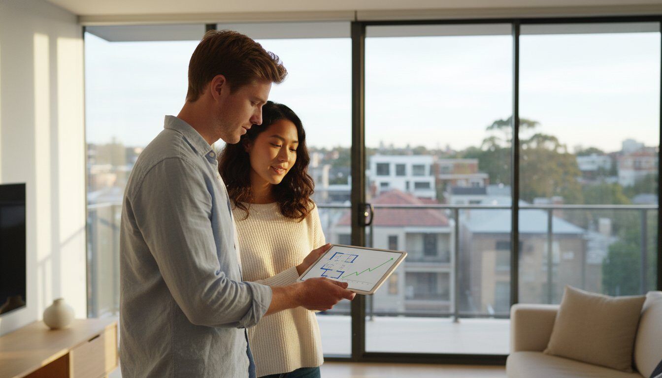 First-time property investors in Australia reviewing real estate plans on a tablet.