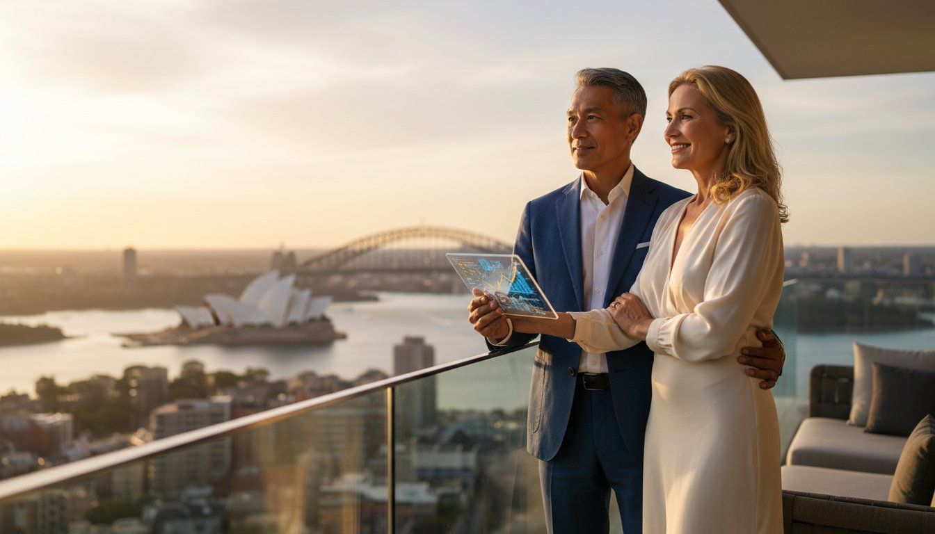 Couple on Sydney balcony with digital tablet, overlooking Opera House and Harbour Bridge at sunset.