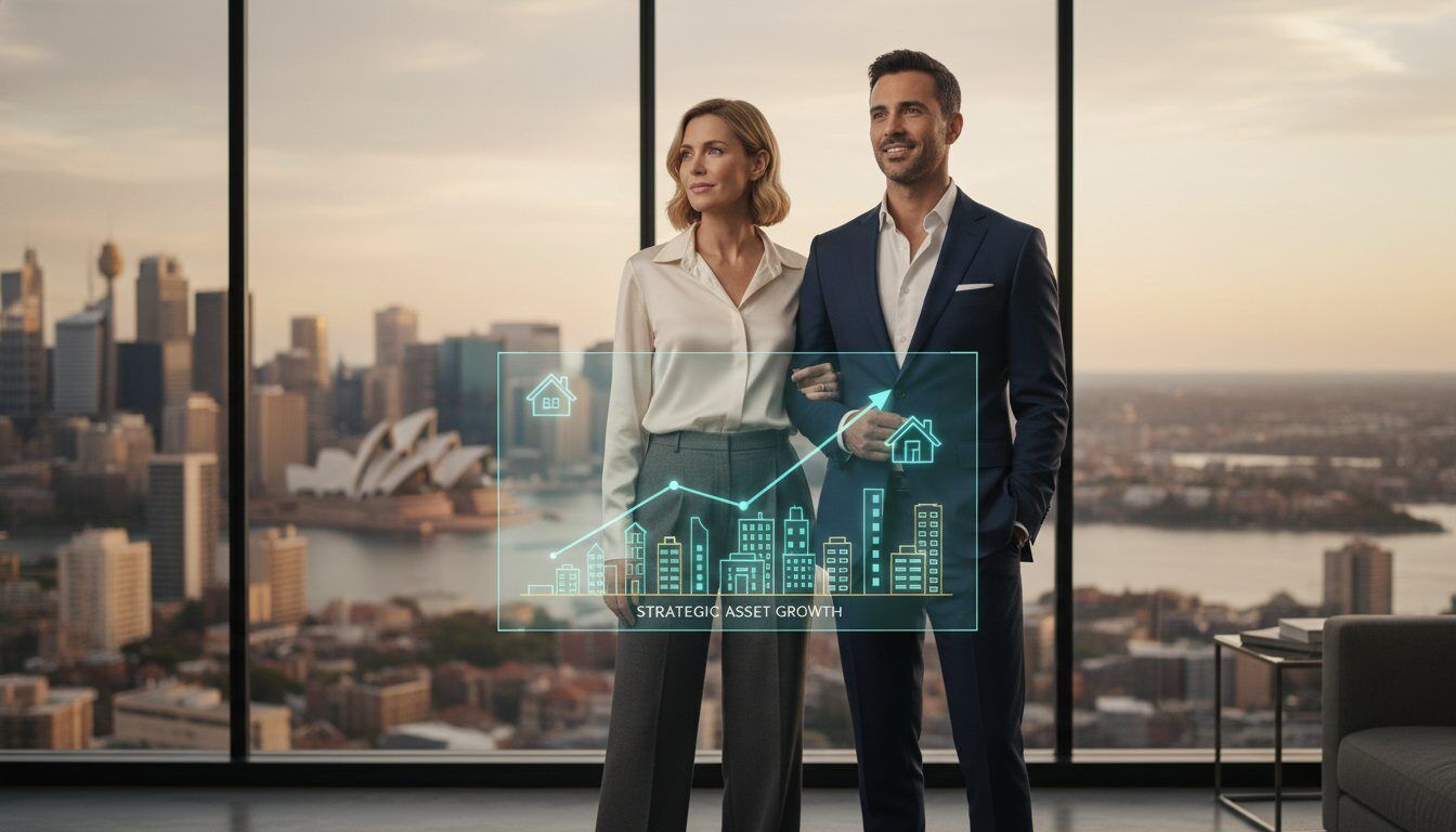 Strategic Australian property portfolio growth plan visualisation over Sydney skyline.