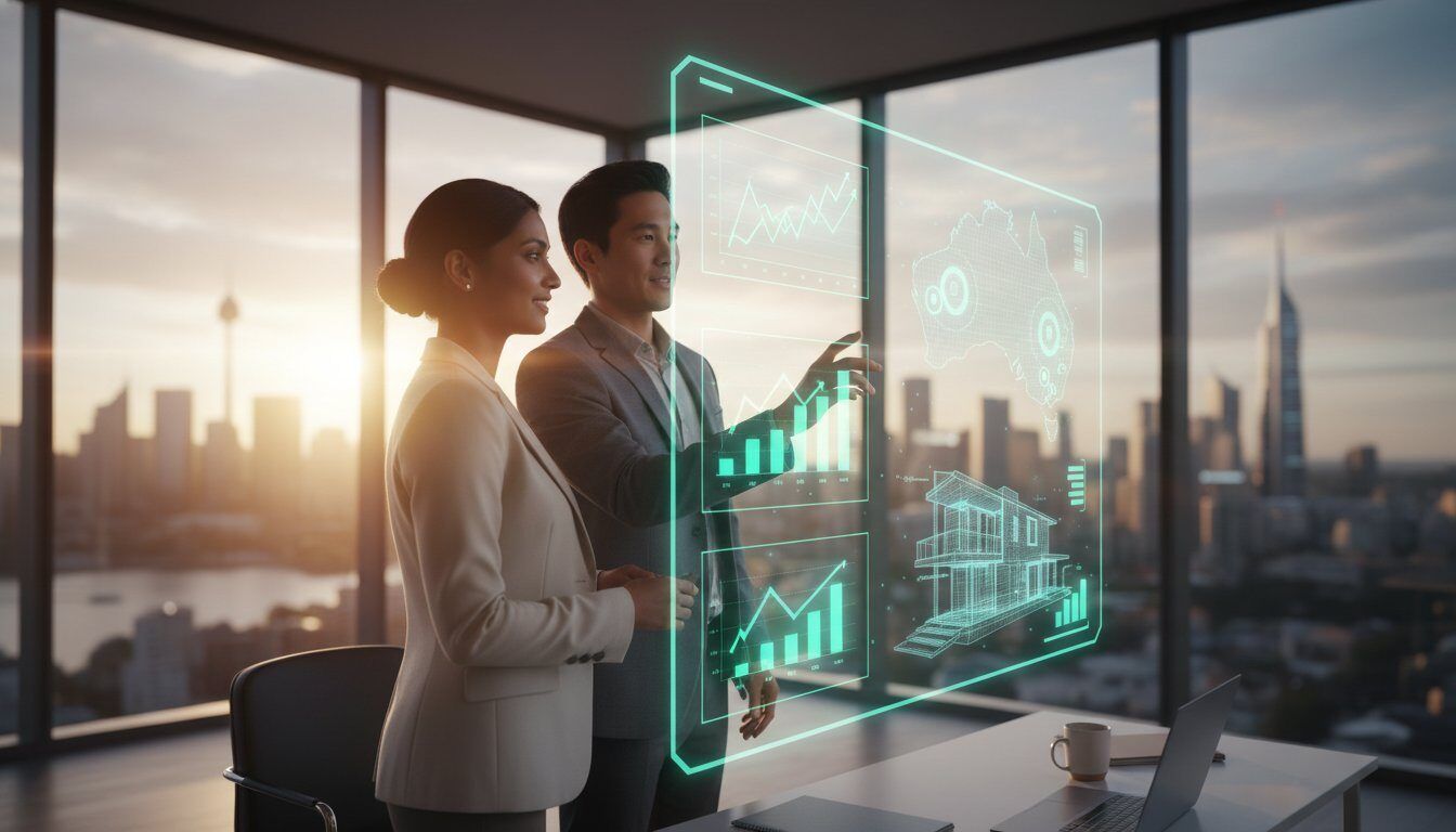 Investors analysing positive cash flow property for sale in Australia on a futuristic display.