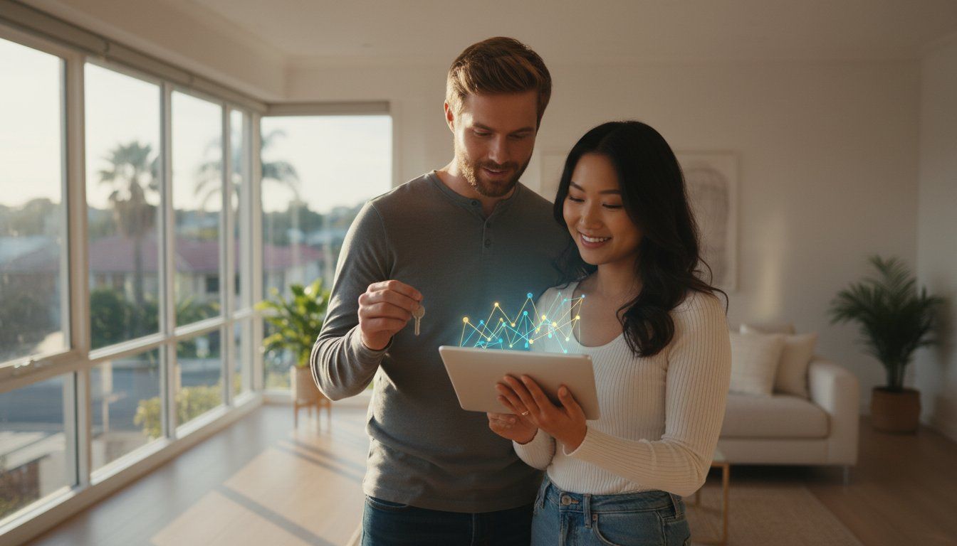 Young couple discussing property investment success using technology in a modern, sunny Australian home.