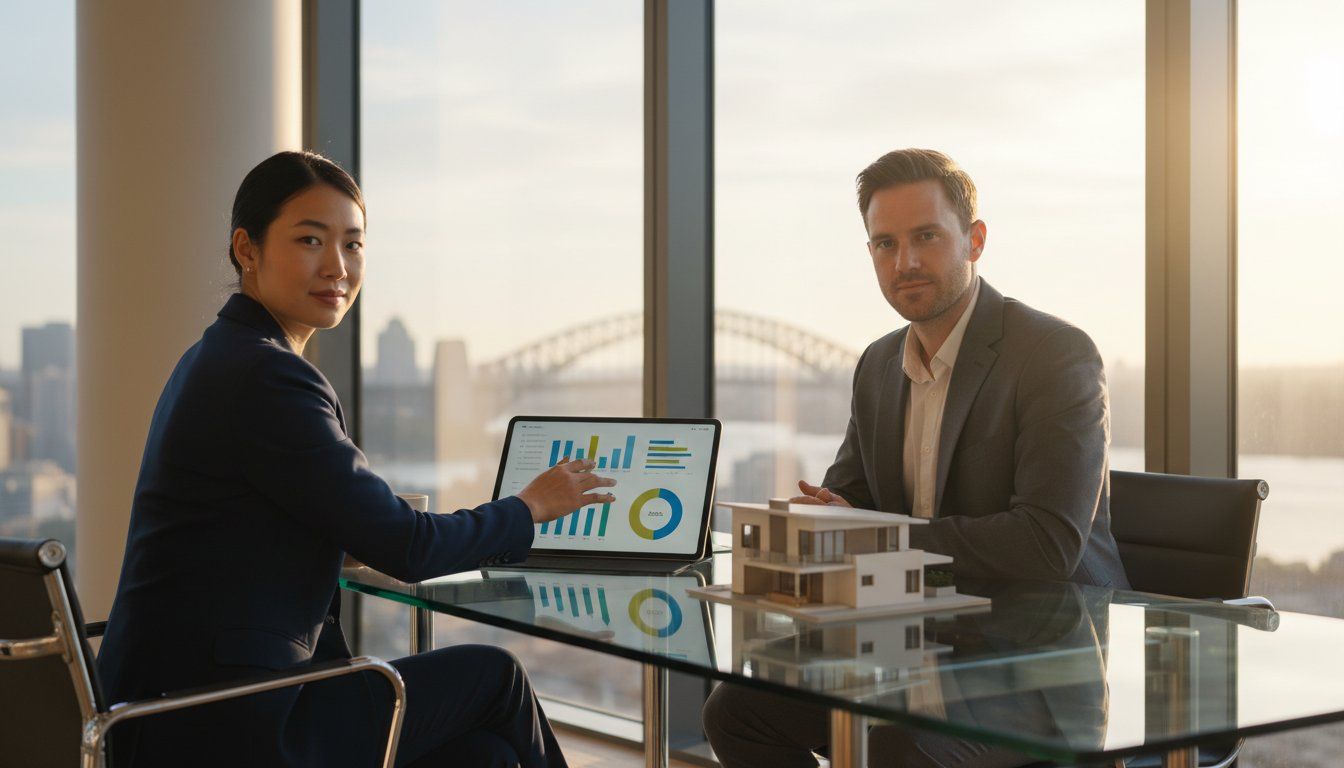 Professional property finance consultation with data analysis and modern architectural model in an urban office.