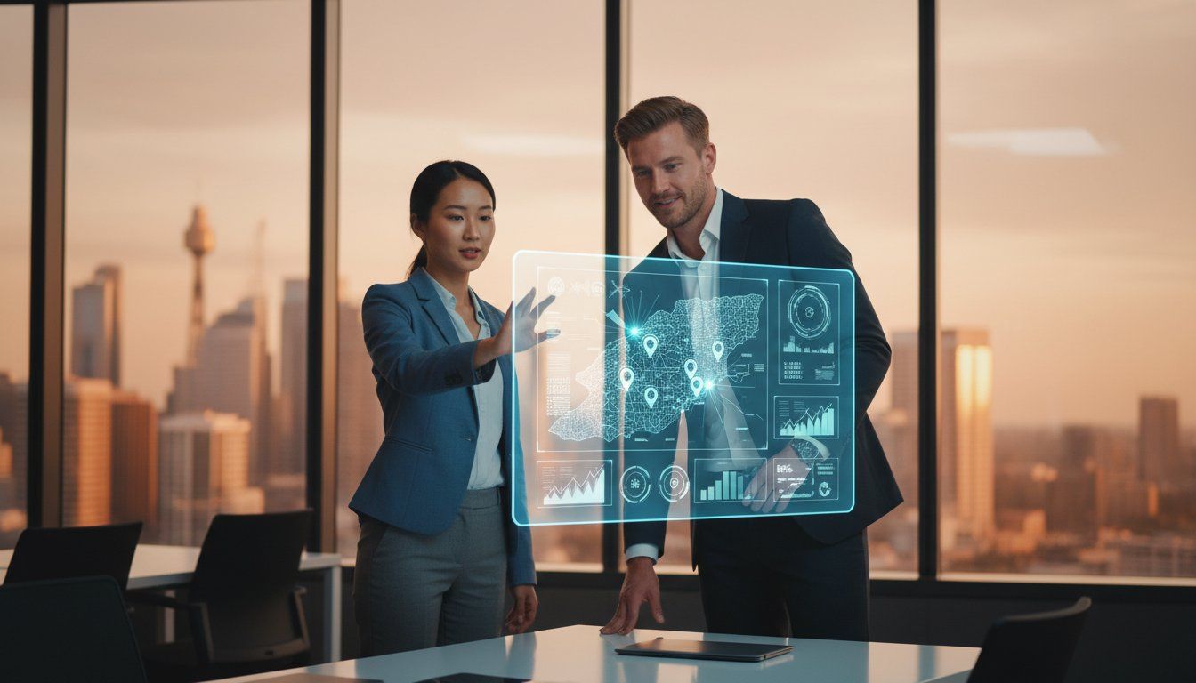 Business professionals analysing holographic map and data for property investment decisions.