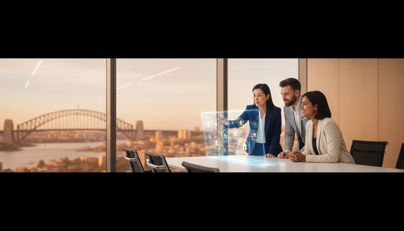 Professionals discussing smart home technology and property investment in a modern city conference room.