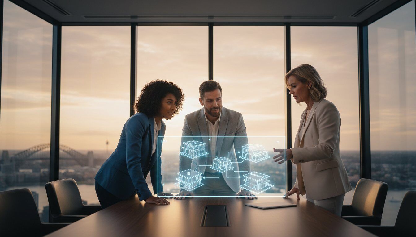 Diverse team analysing property investment strategy with a 3D holographic blueprint.