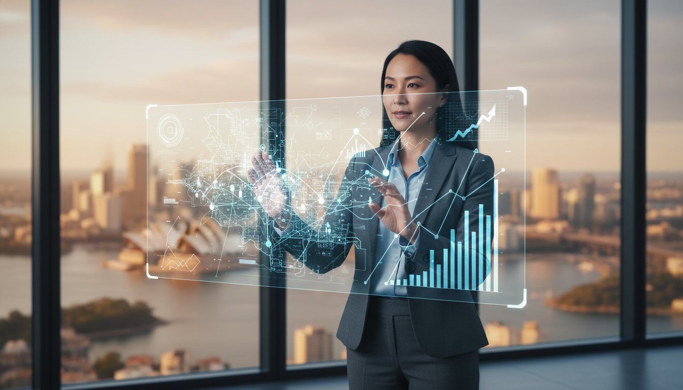 Professional woman analysing property portfolio investment data for financial planning success.