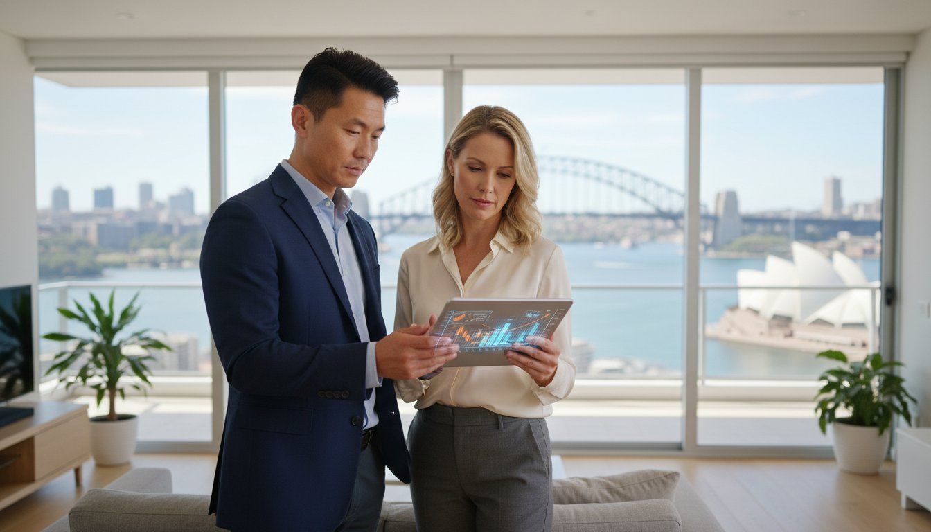 Business professionals reviewing financial data with Sydney Harbour views in background.