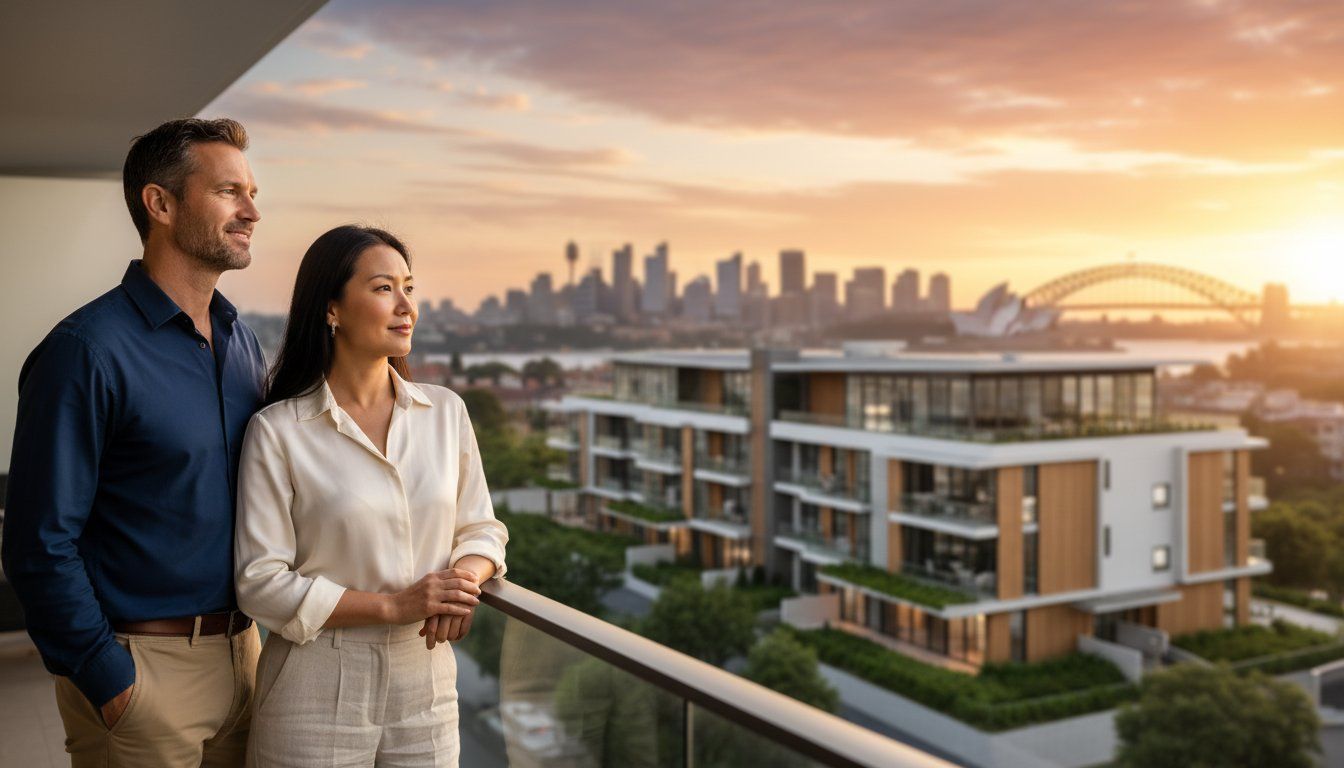 Stylish couple enjoying sunset view on urban balcony, modern cityscape, and iconic bridge at dusk.