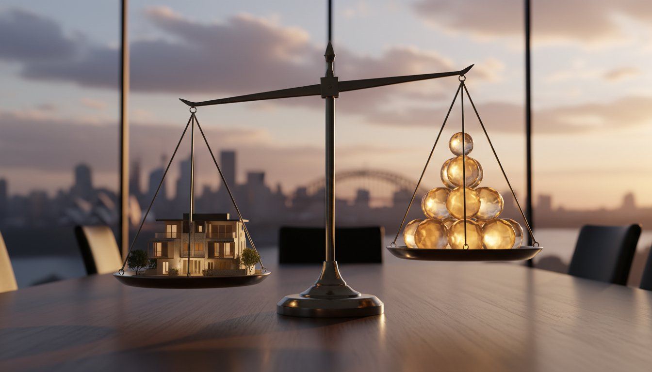 Balance scale comparing property value and financial wealth at sunset, symbolising SMSF risks.