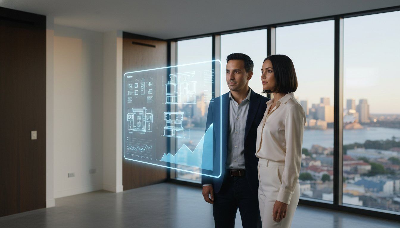 Futuristic analysis of urban real estate investment using holographic blueprints in modern high-rise office.