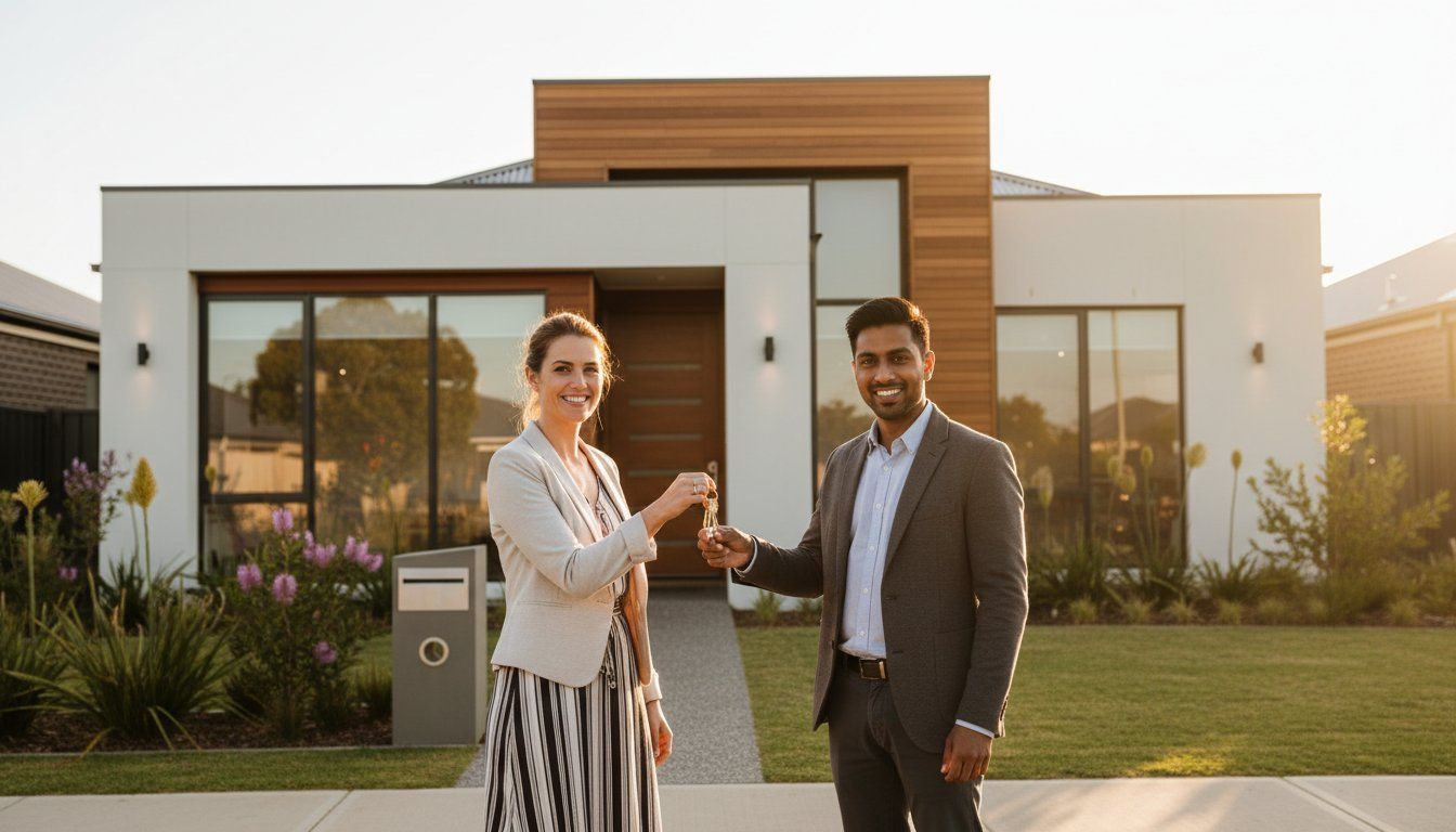 Happy couple celebrating homeownership with keys in front of modern Brisbane home.