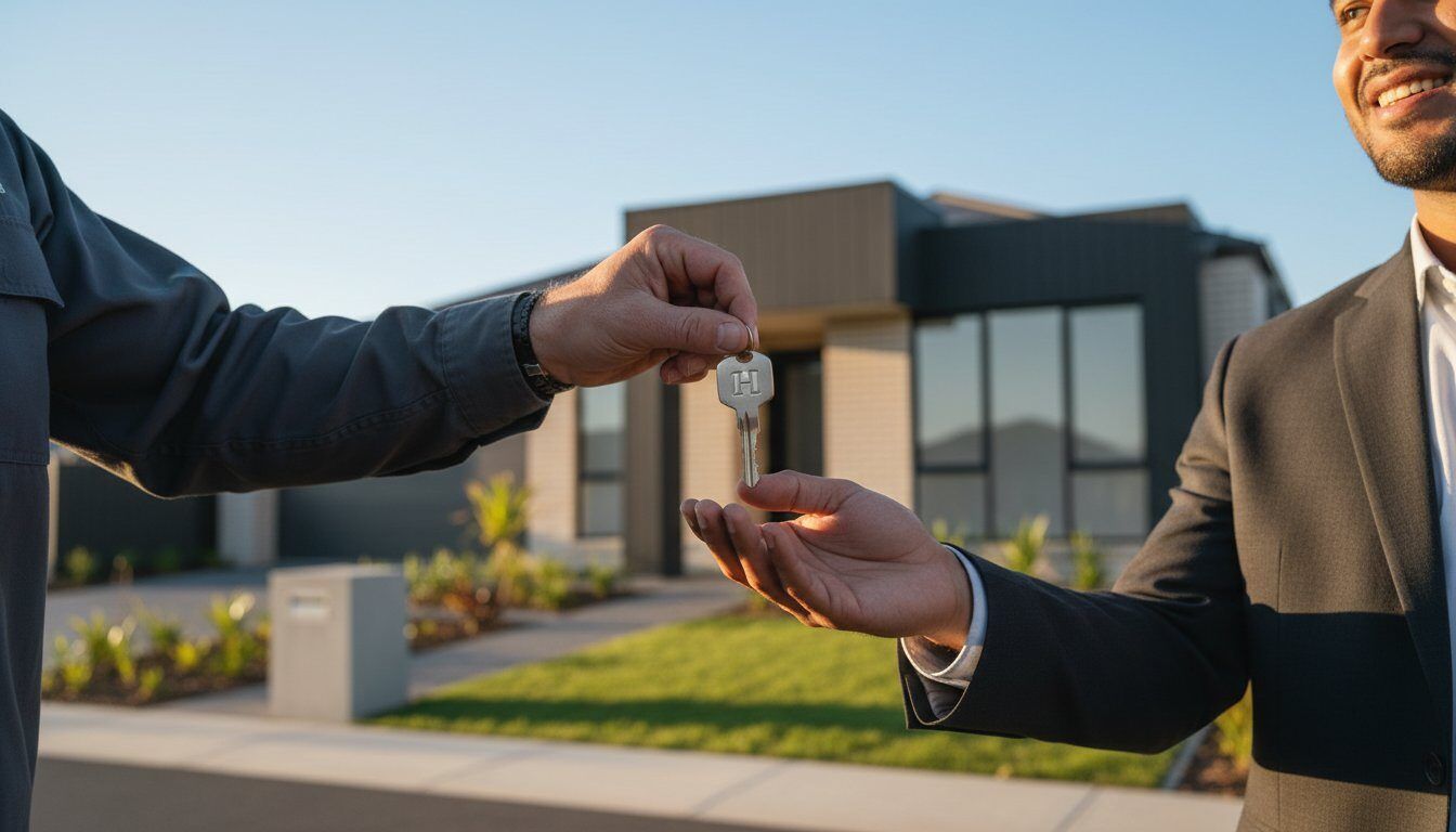 Builder handing keys to an investor for a turnkey house and land package.