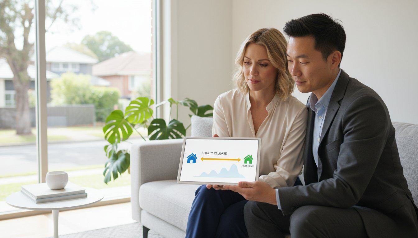 Couple using home equity to buy a second property on a tablet.