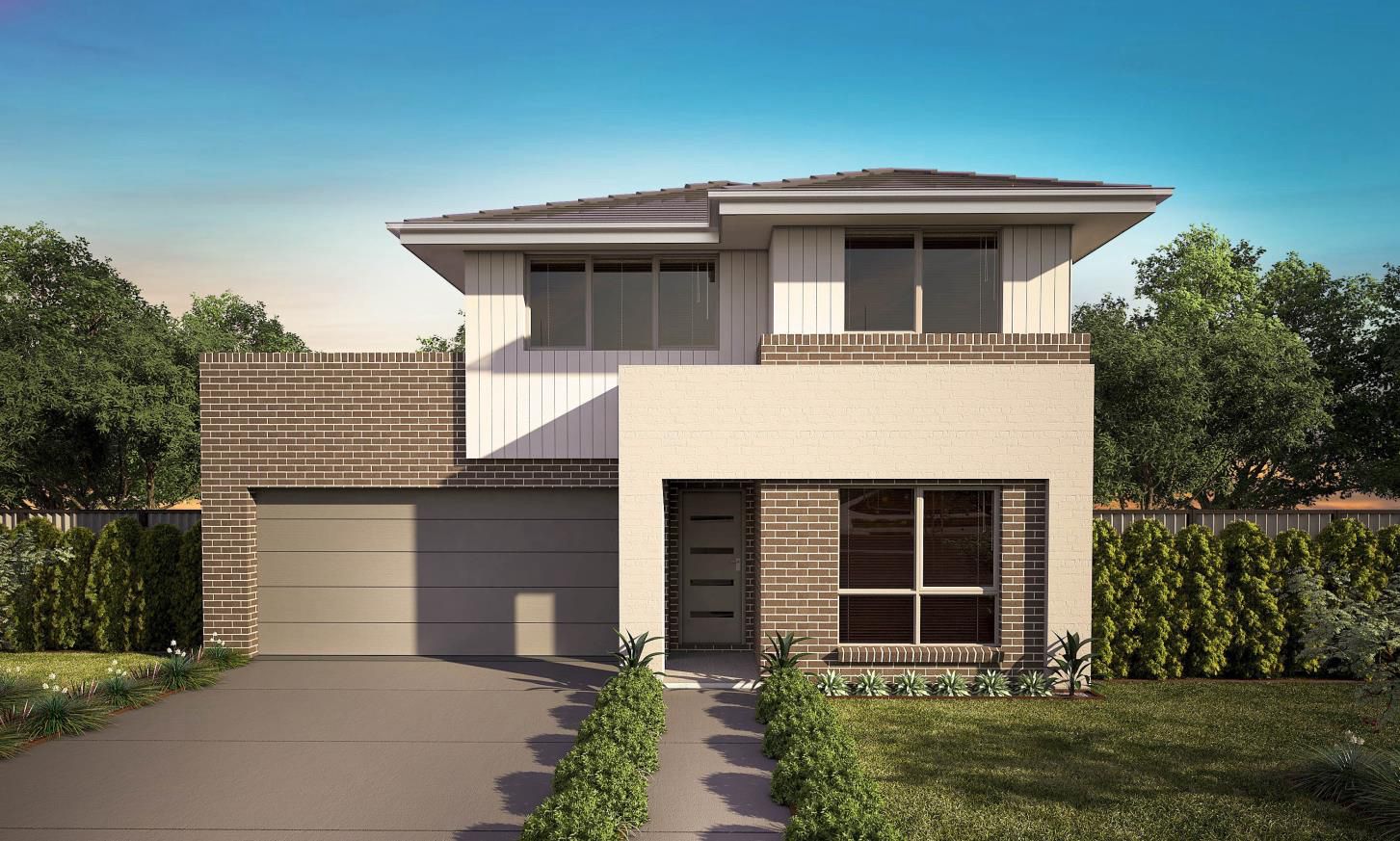 Modern two-storey house with contemporary design, lush landscaping, and secure homeownership in Australia.