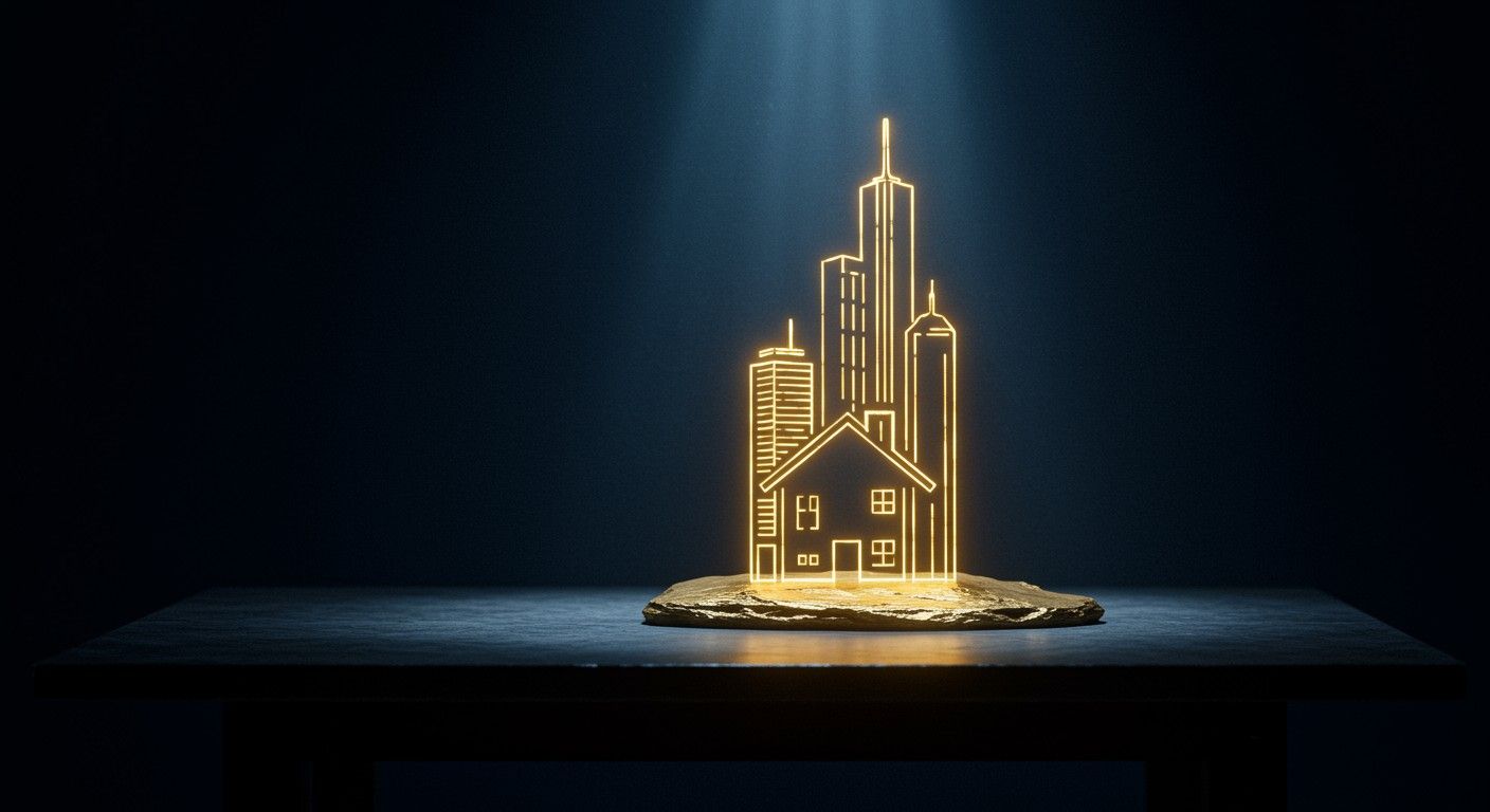 Neon cityscape with a cozy house symbolising Australian home equity and financial freedom.