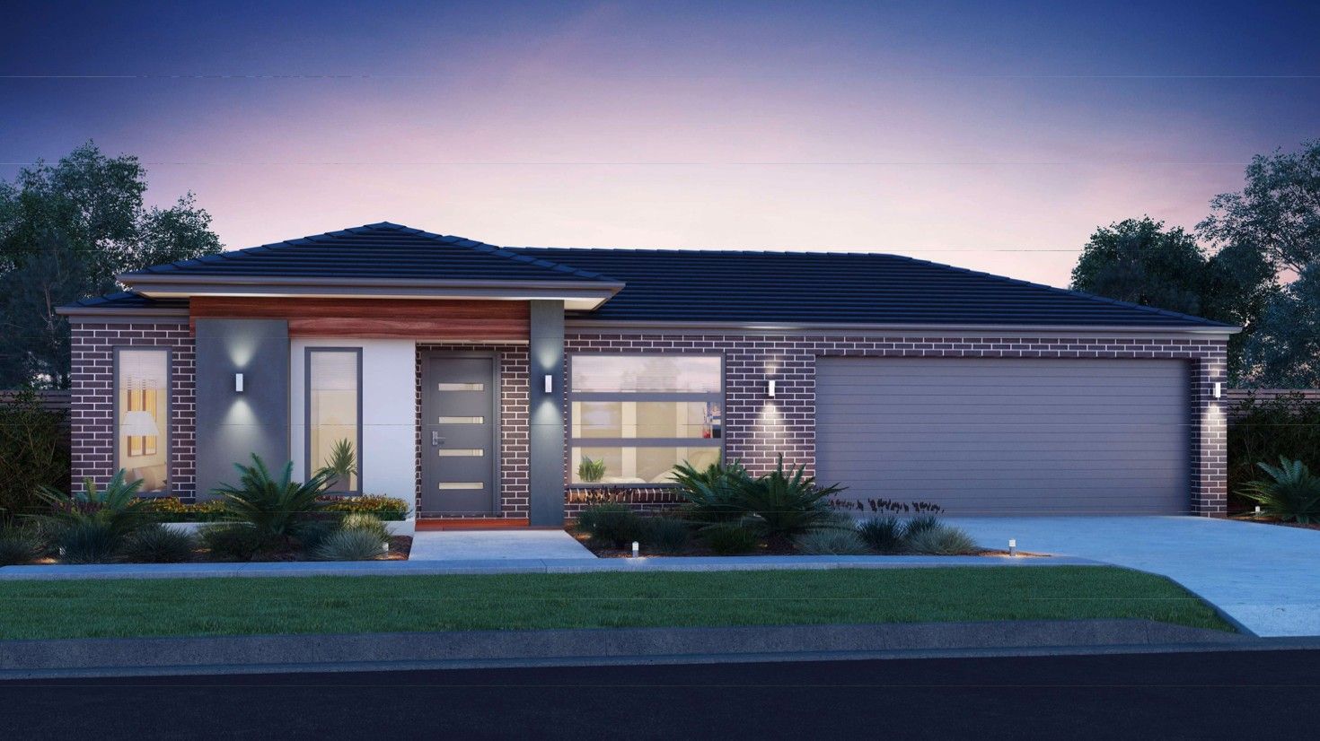 Modern single-story family home with stylish facade, garage, landscaped yard, and evening lighting.