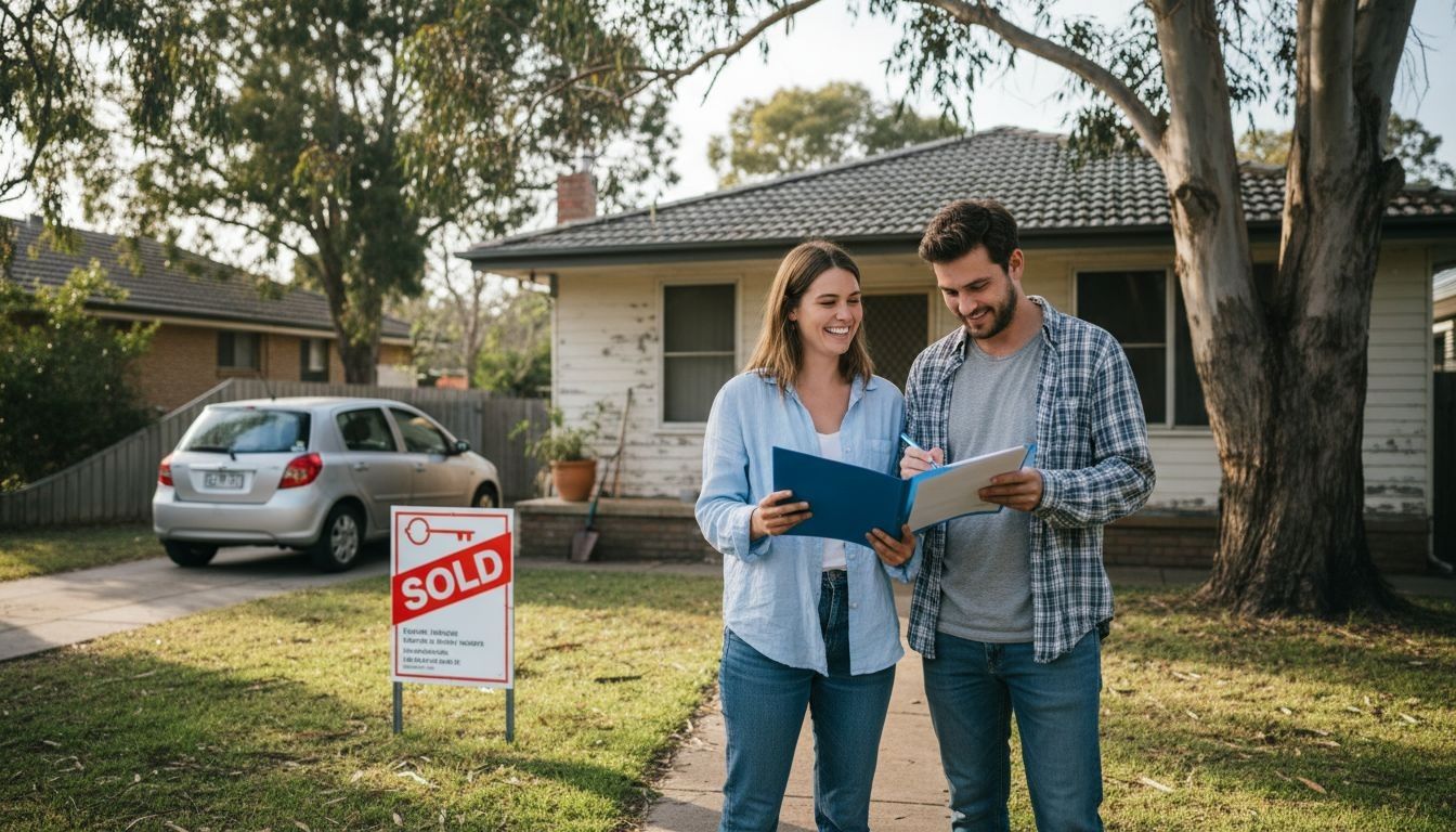 Happy couple celebrating their new home purchase with SOLD sign and documents in suburban Australia.