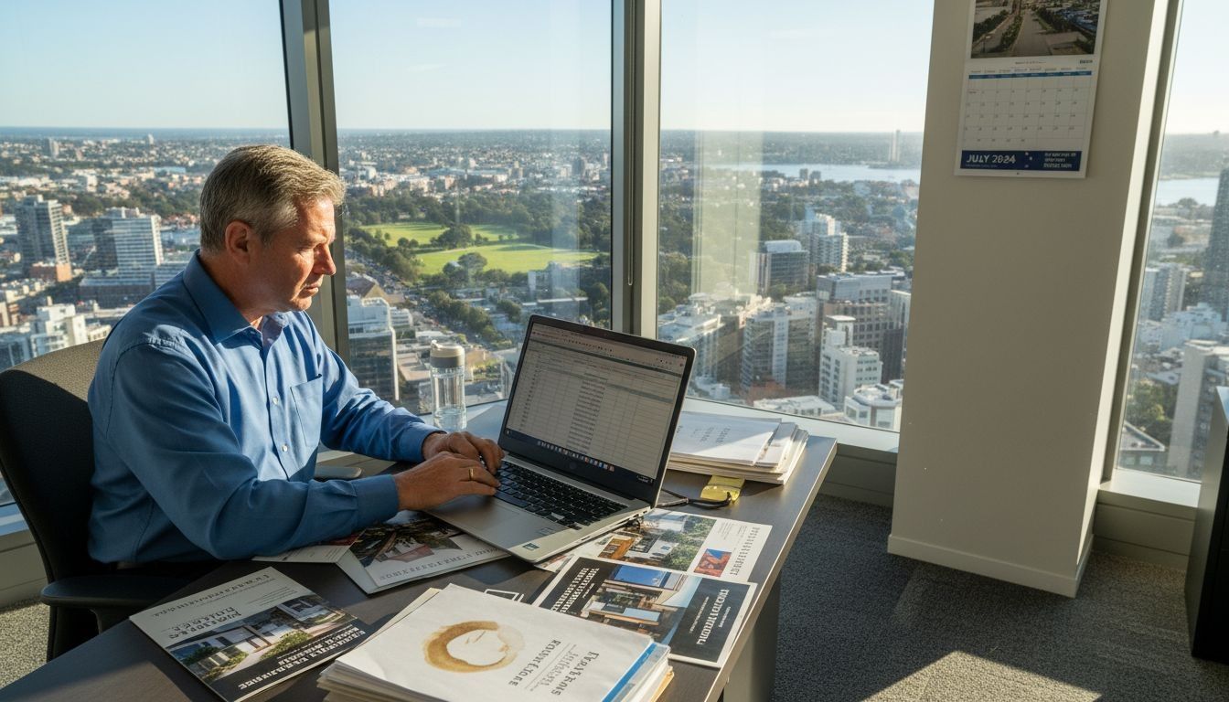Businessman working on laptop in modern city office with panoramic urban view and July 2024 calendar.