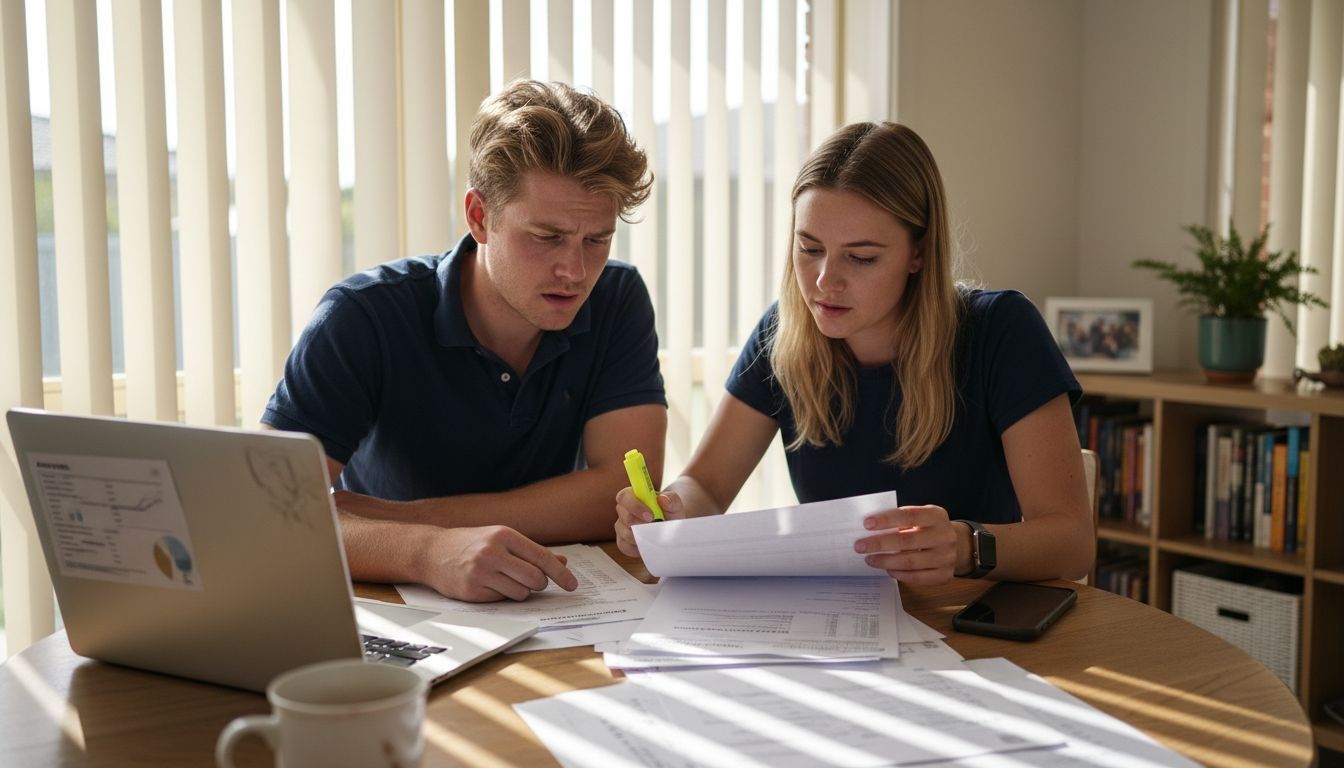 Australian couple reviewing mortgage and financial documents for home loan application.