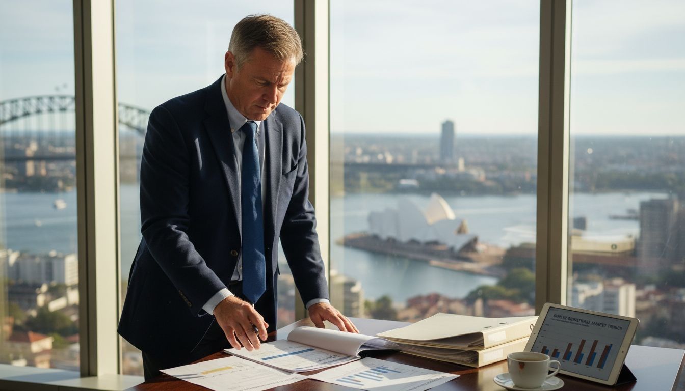 Business executive reviewing cityscape and property reports in modern Sydney office.