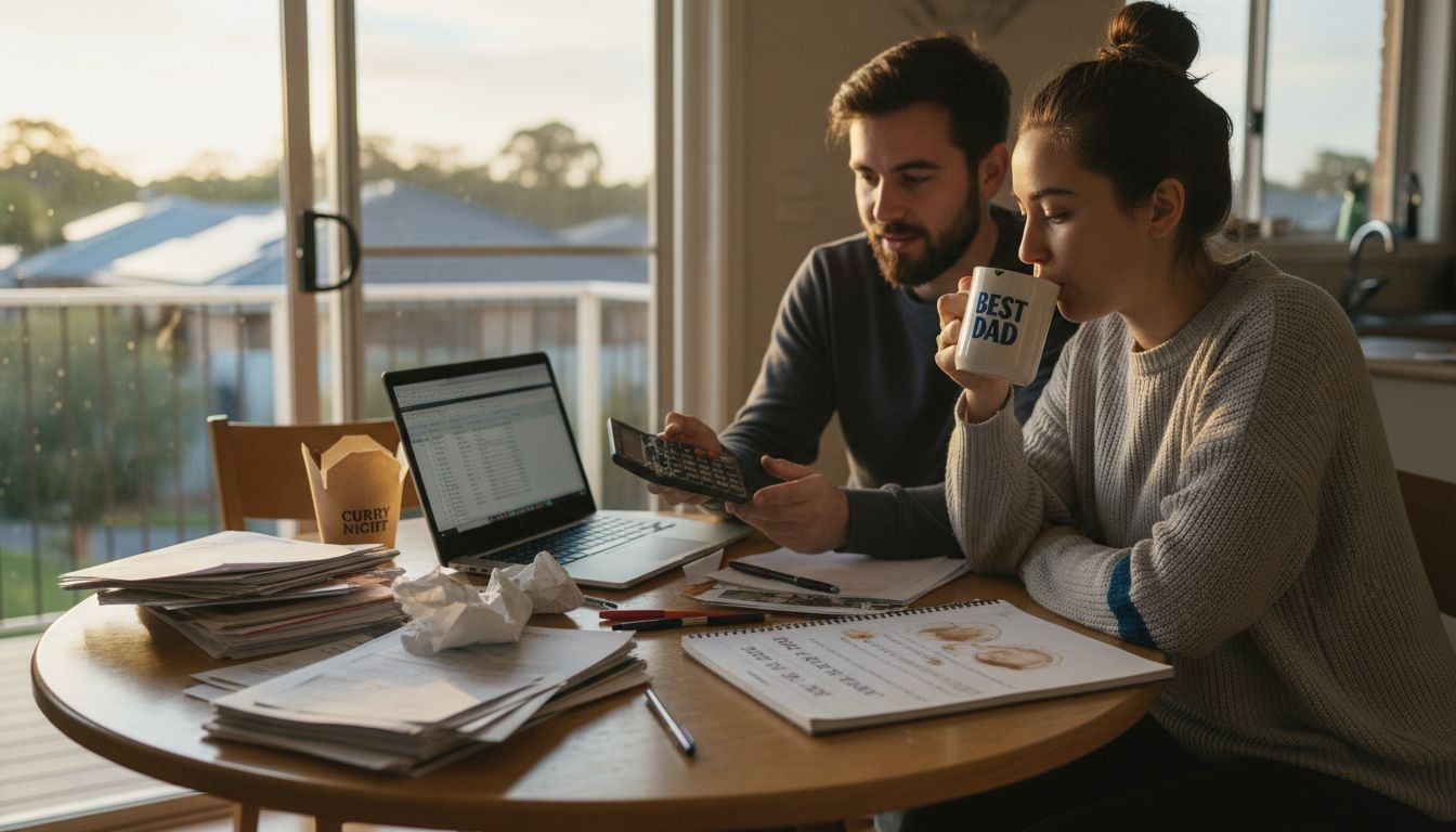 Young couple planning home budget at cosy kitchen table during sunset.
