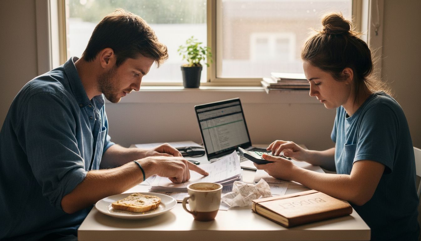 Young couple working on home budget with laptop, papers, and smartphone in a sunny cafe.