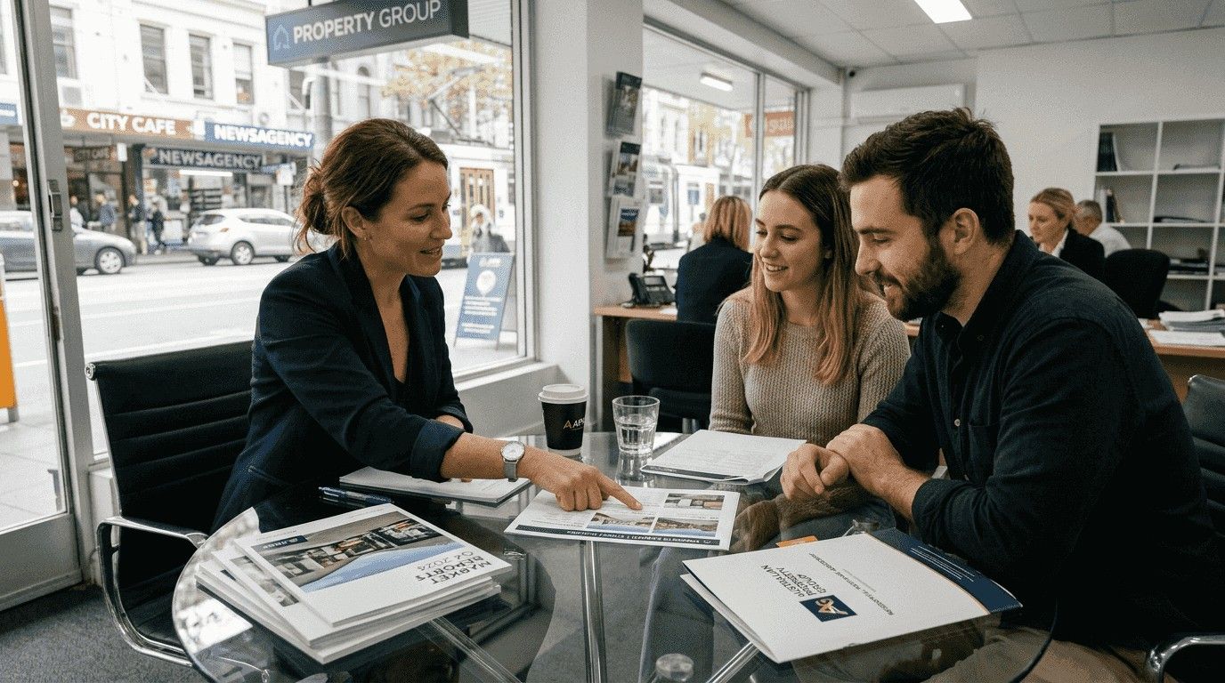 Real estate agent consulting with young couple in modern urban office.