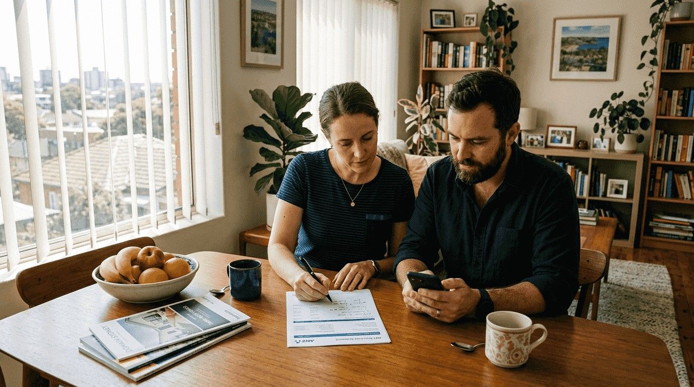 Australian couple discussing mortgage refinancing at home in a cozy, well-lit living room.
