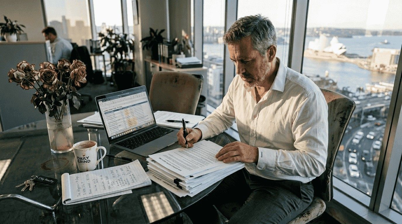 Property investor analysing contracts in modern high-rise office with city and water views.