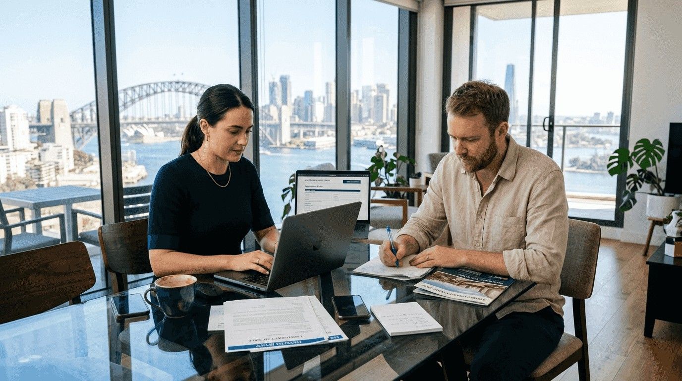 Business professionals reviewing property finance details in Sydney office with city skyline view.