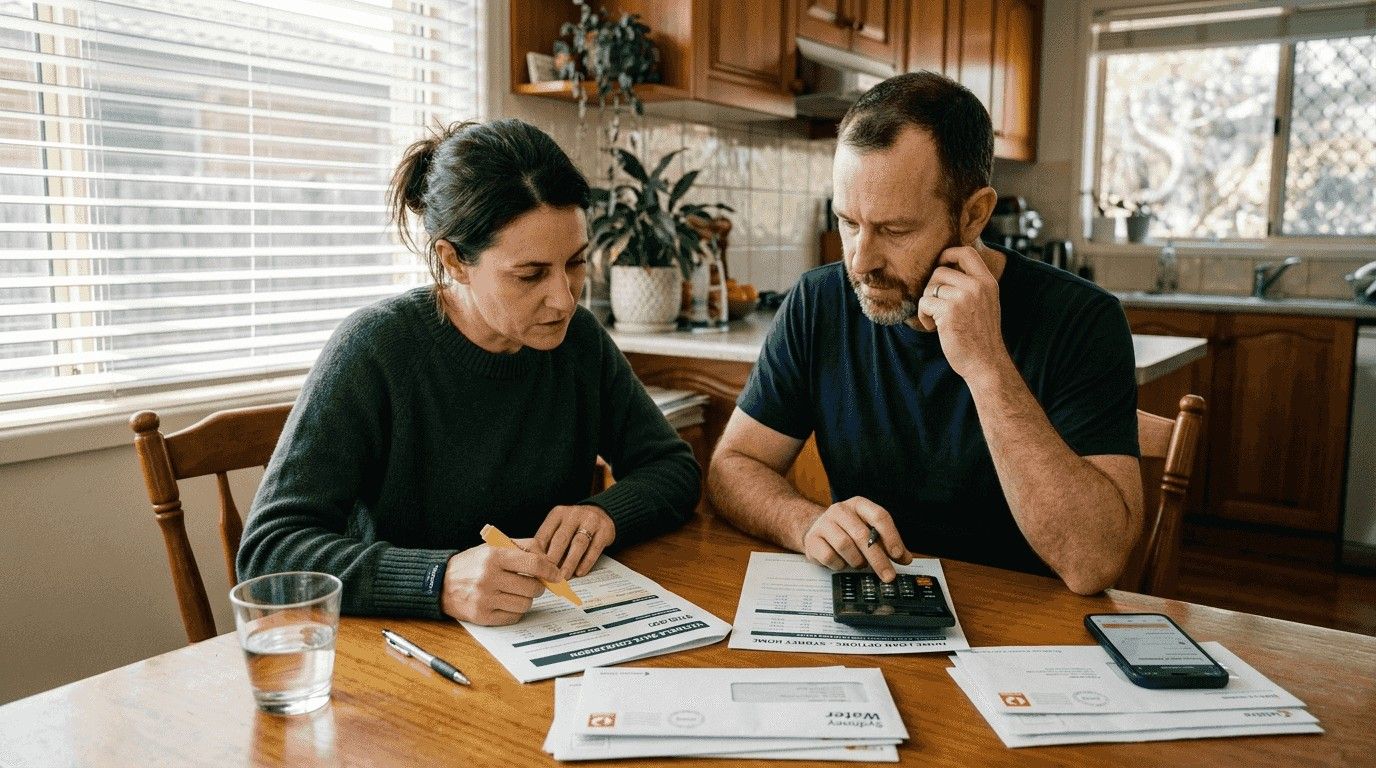 Australian couple reviewing household bills and financial documents in cozy kitchen.