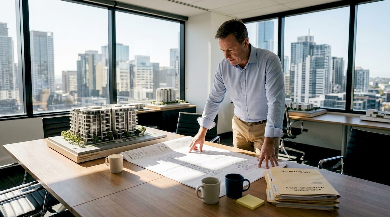 Architect reviewing blueprints and project plans in modern urban office workspace.