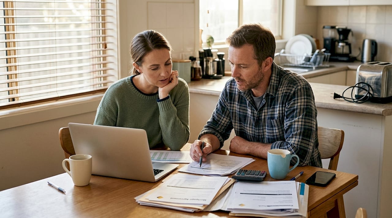 Couple reviewing mortgage documents and financial planning at home kitchen table.