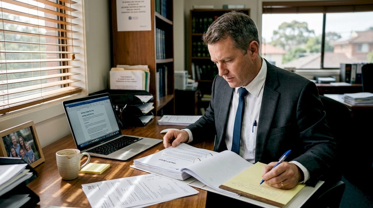 Lawyer reviewing legal property trust documents in an organised office workspace.