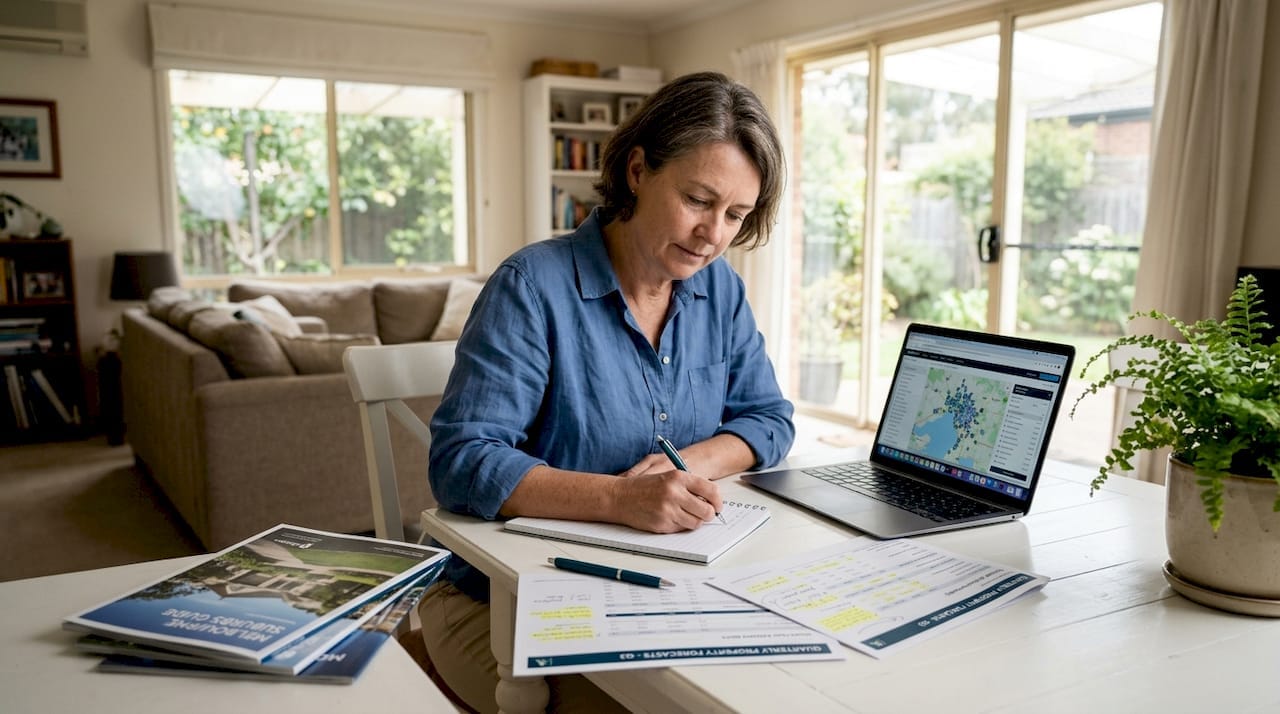 Woman working on Australian property data at a cosy home office with a laptop and research materials.