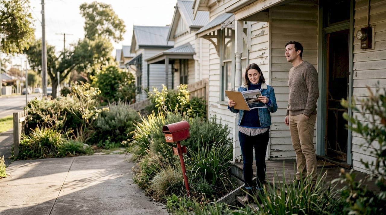 Happy couple enjoying outdoor visit in front of charming vintage house with lush garden.