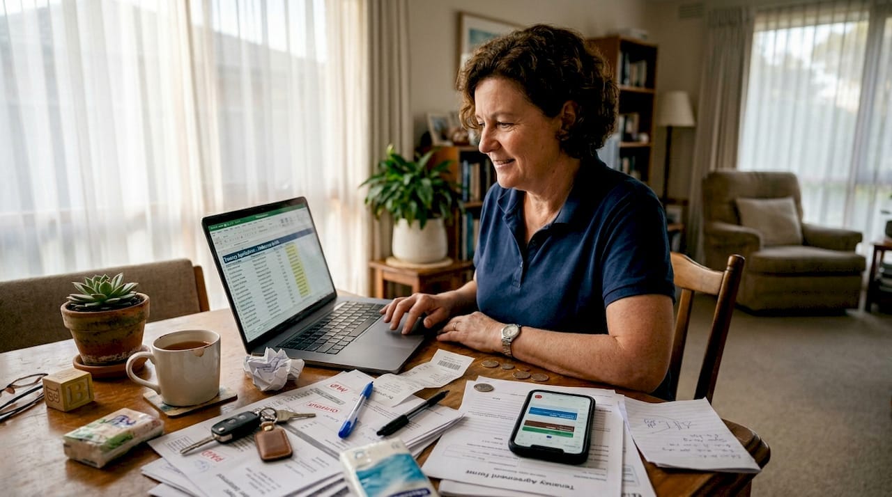 Woman working on finances and rent applications at home with laptop and documents.