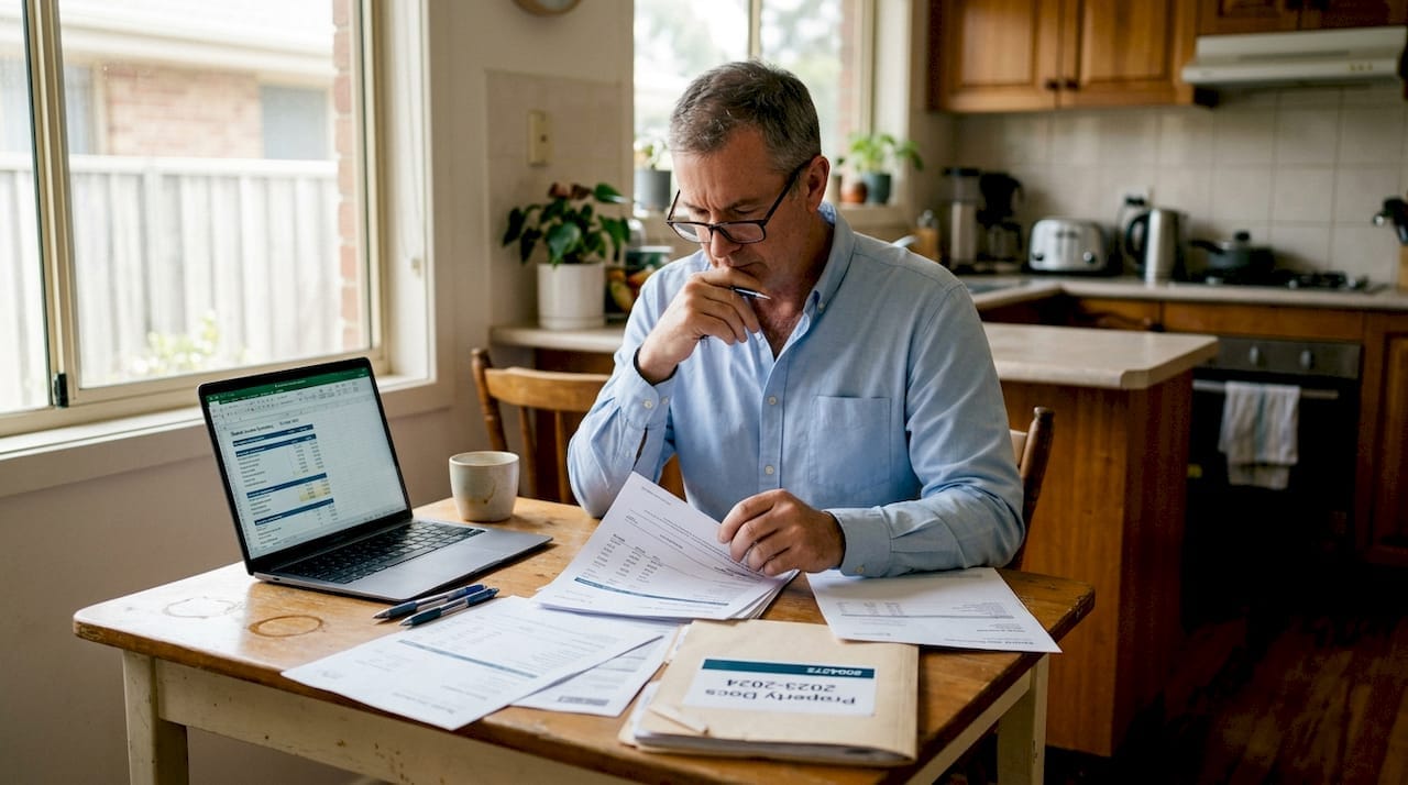 Older man analysing financial documents in a cozy home kitchen with laptop and paperwork.