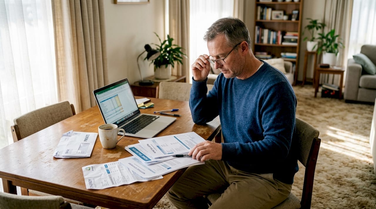 Middle-aged man reviewing financial documents and bills at home with laptop and coffee.