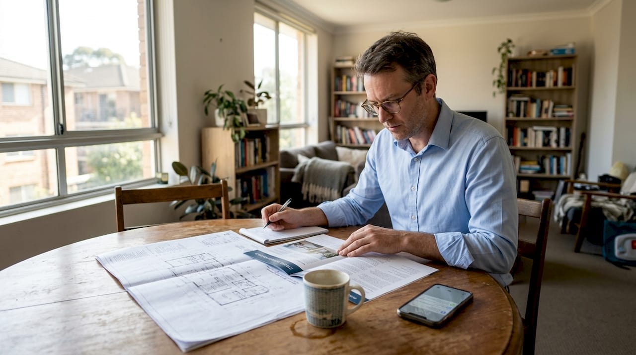 Man reviewing architectural blueprints and property documents at home in a cosy, sunlit study.