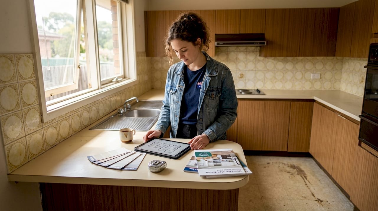 Woman reviewing home renovation plans on tablet in cozy kitchen.