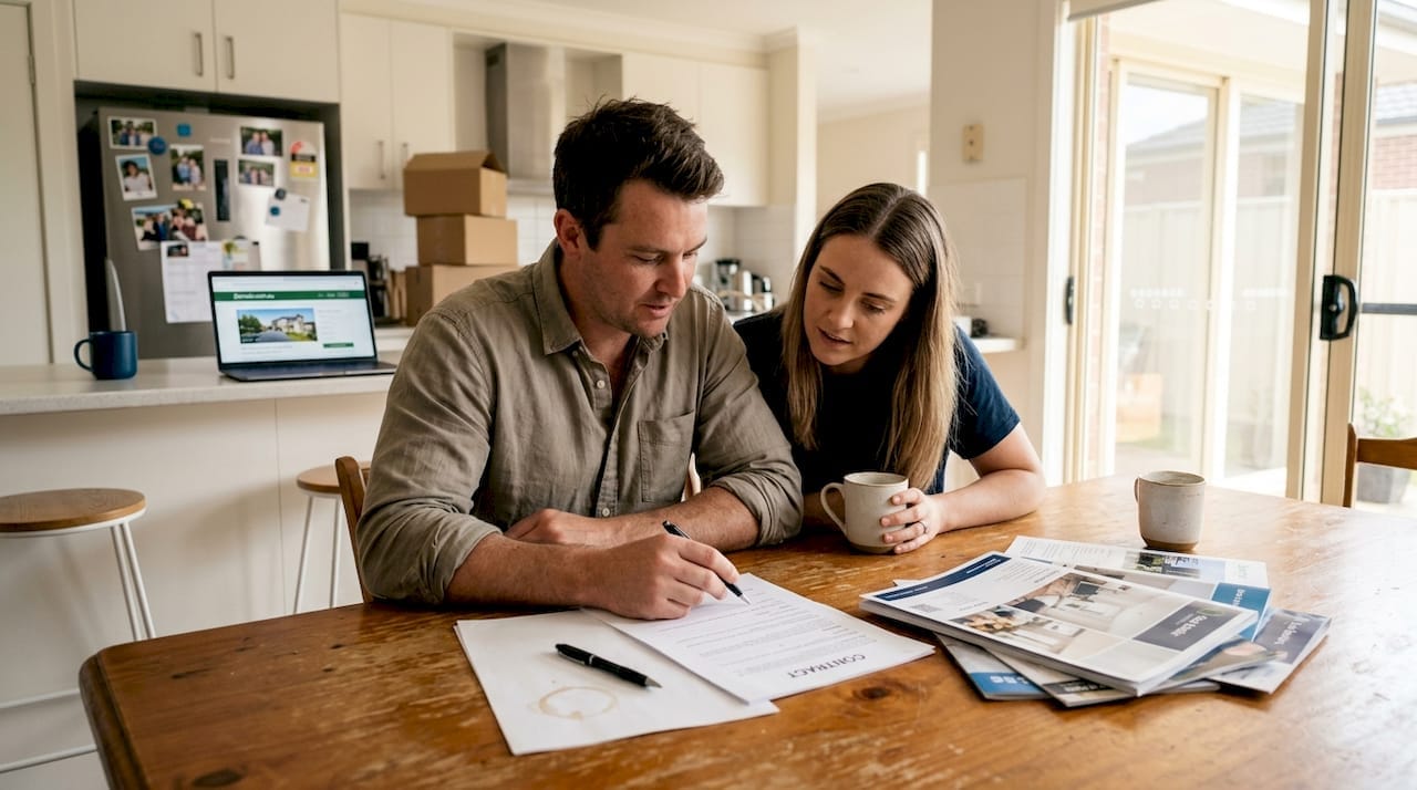 Australian couple reviewing home purchase documents in a modern, bright kitchen setting.