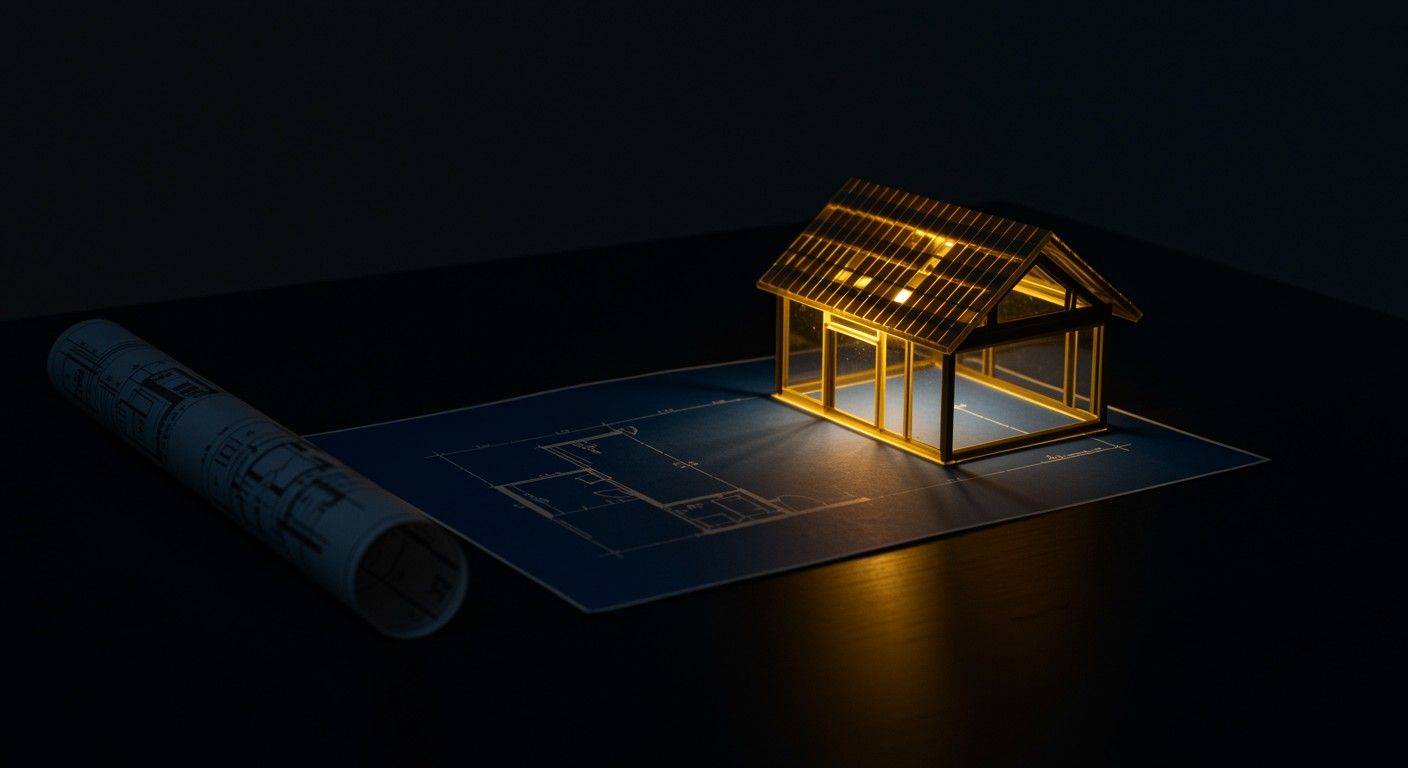 Architectural model of sustainable, solar-powered home with blueprints, highlighting eco-friendly housing design.