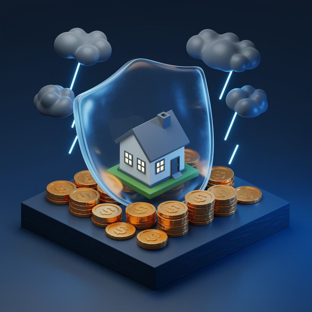 Home insurance protection with shields, storm clouds, and financial security symbols.