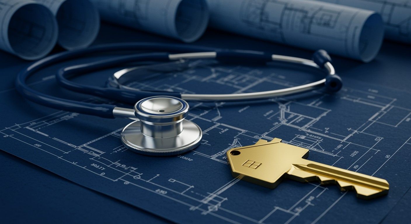 Healthcare professionals exploring property inspection, security, and tailored home loans with blueprints and keys.
